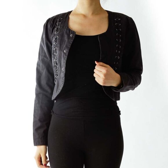 VOLCOM Black Buttoned Cropped Jacket with String Details - Picture 1 of 3